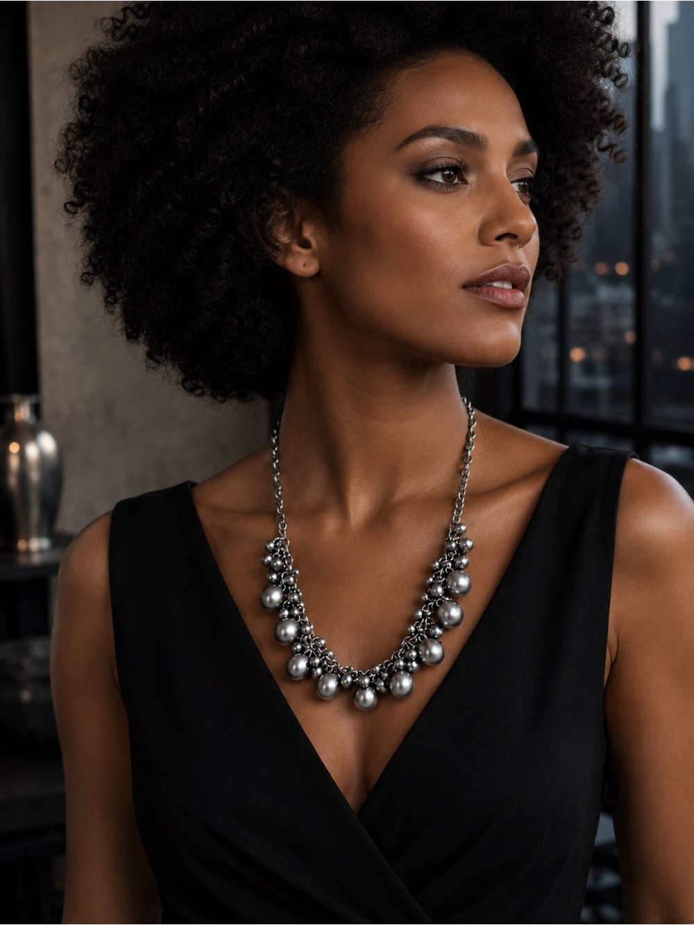 Lia Sophia Silver Tone Bubble Bead Statement Necklace Modern Glam